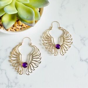 2/$30🌵 Purple Central Garnet Gold Wing Egyptian Scarab Earrings Bohemian Gift